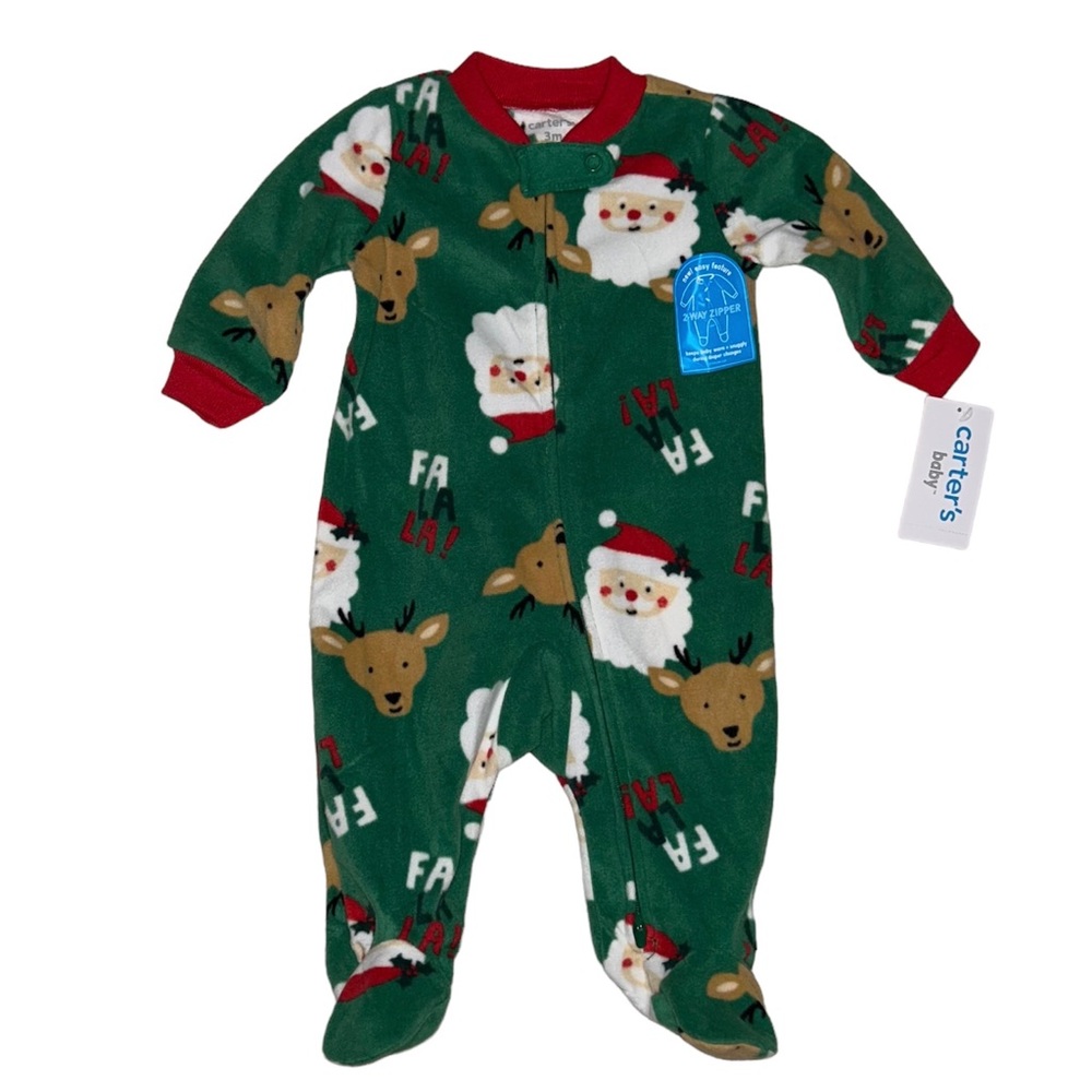 NWT Carter’s Christmas Santa Reindeer FaLaLa Full Zip Fleece Sleeper Size 3 Mo